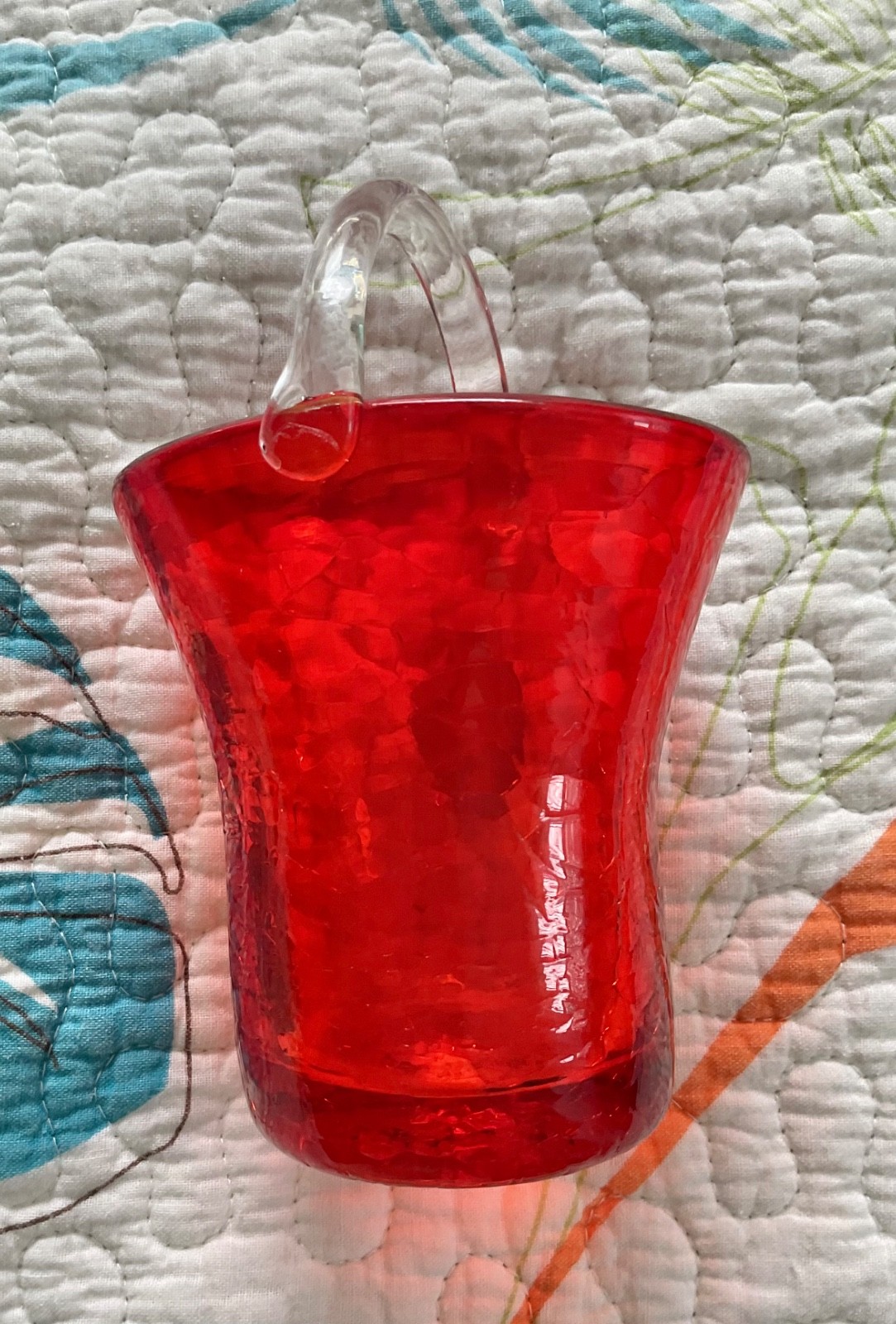 Set of 2 Vintage Pilgrim Hand Blown Glass Baskets, Crackled Glass, Orange Red,5″