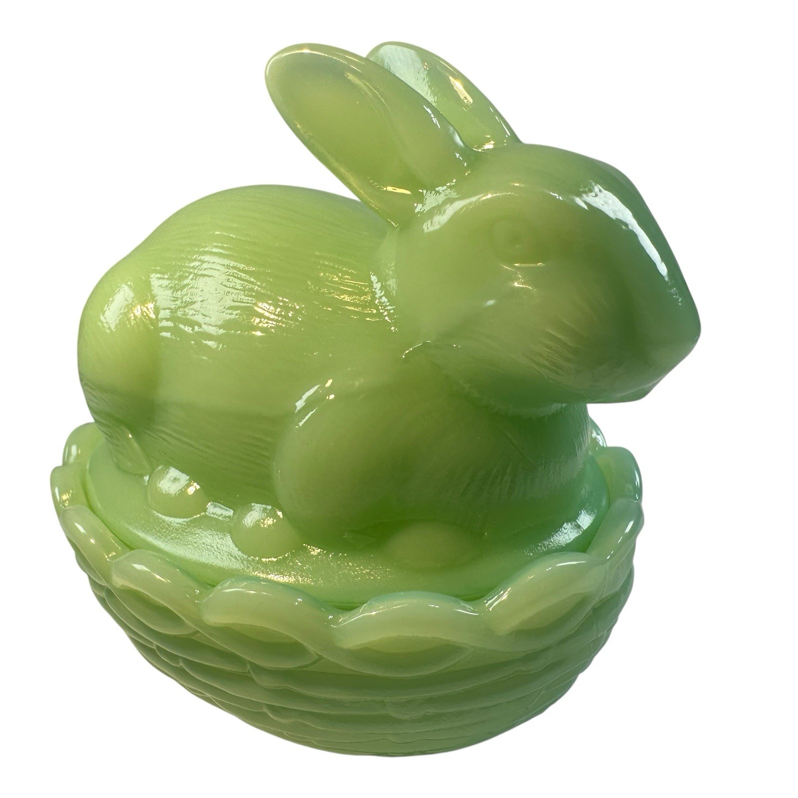 Mosser Milk Glass Bunny Rabbit On A Basket Nest Jadeite Green Covered Dish USA