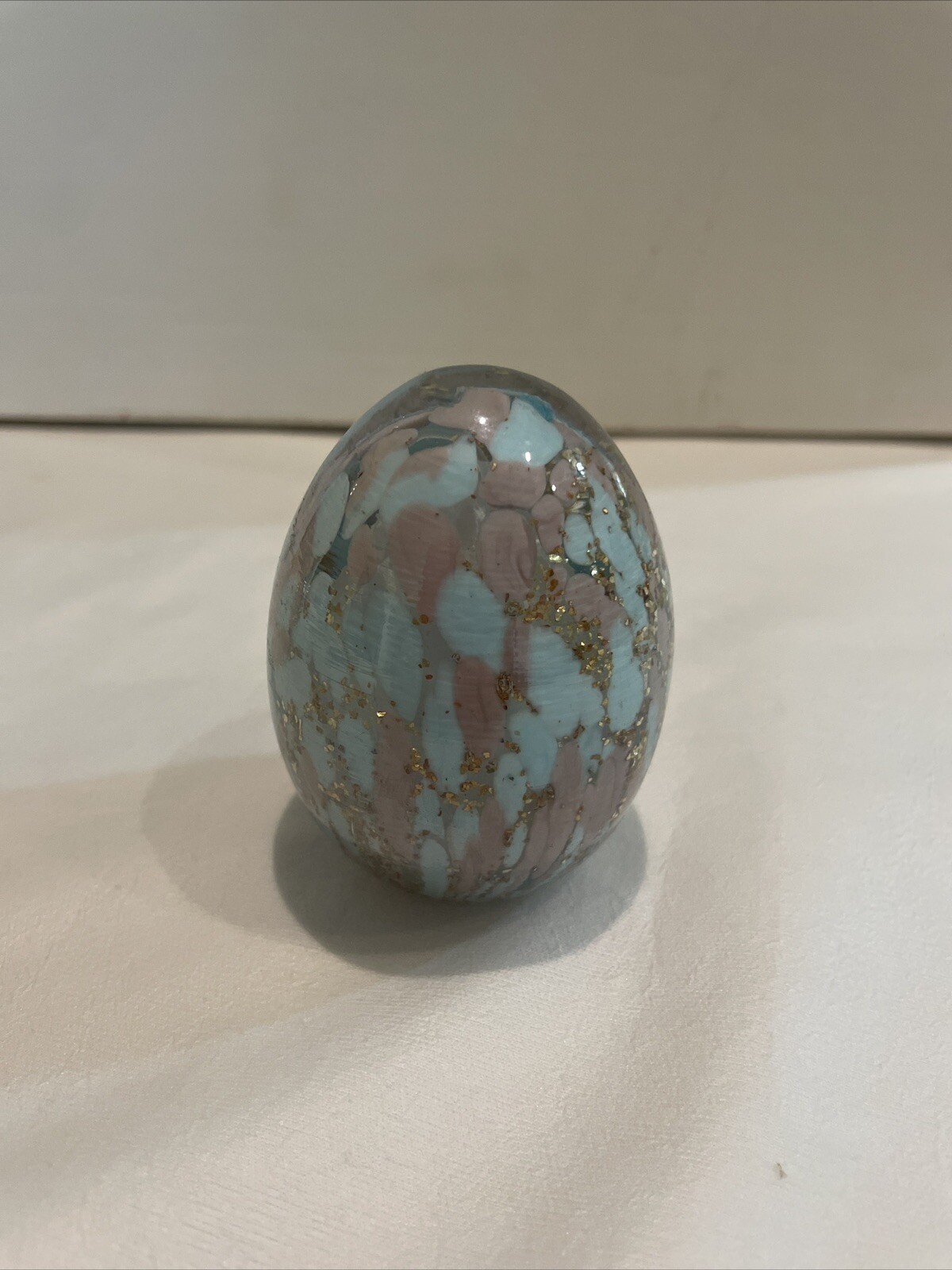 Murano Art Style Glass Egg Aqua & Brown with Gold Glitter Paperweight 3″ 8 Oz