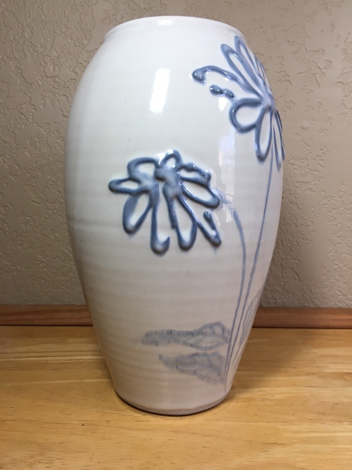 Studio Art Pottery Vase Raised Blue Flowers Cream Glaze Abstract Signed 8.75 in