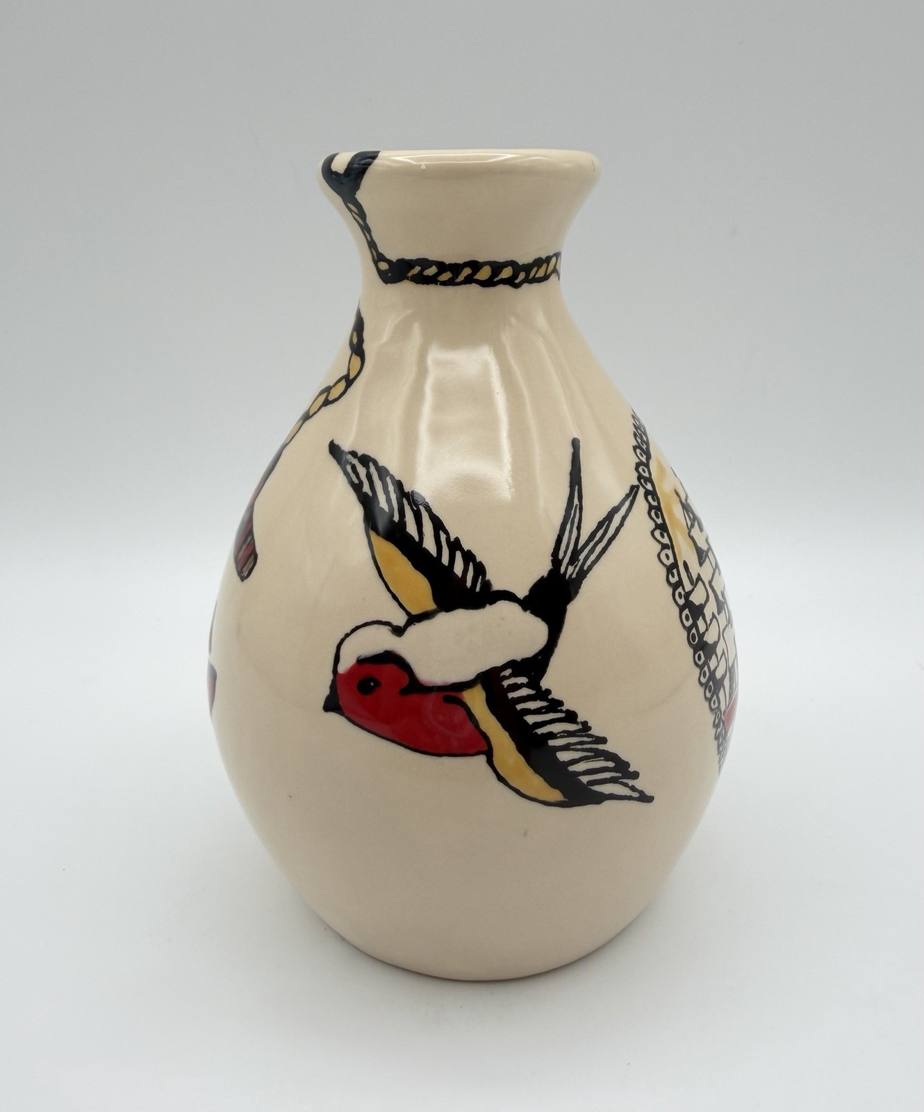 Hand Painted Ceramic Vase 5.5” Nautical Sailor Tattoo Inspired Signed Emily