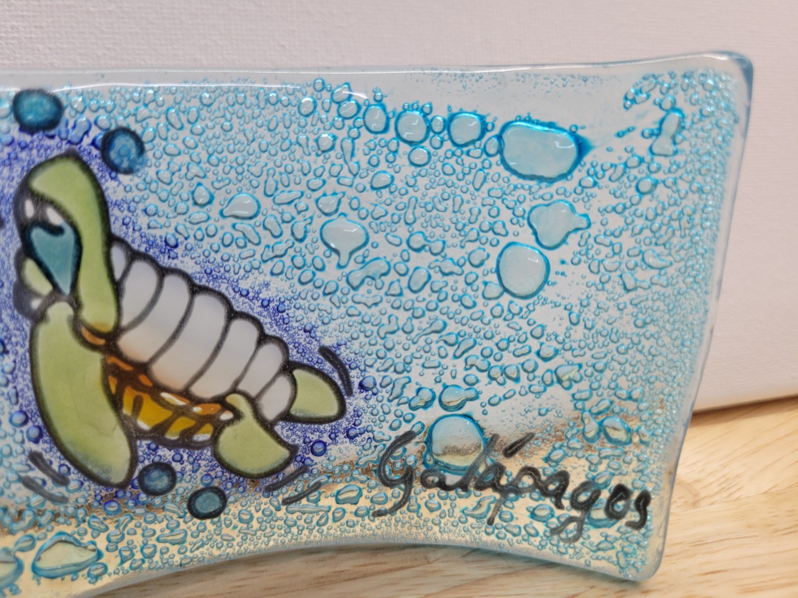 Galapagos Fused Glass Sea Turtle Wave Sculpture Signed Art Glass Ocean Decor 7″