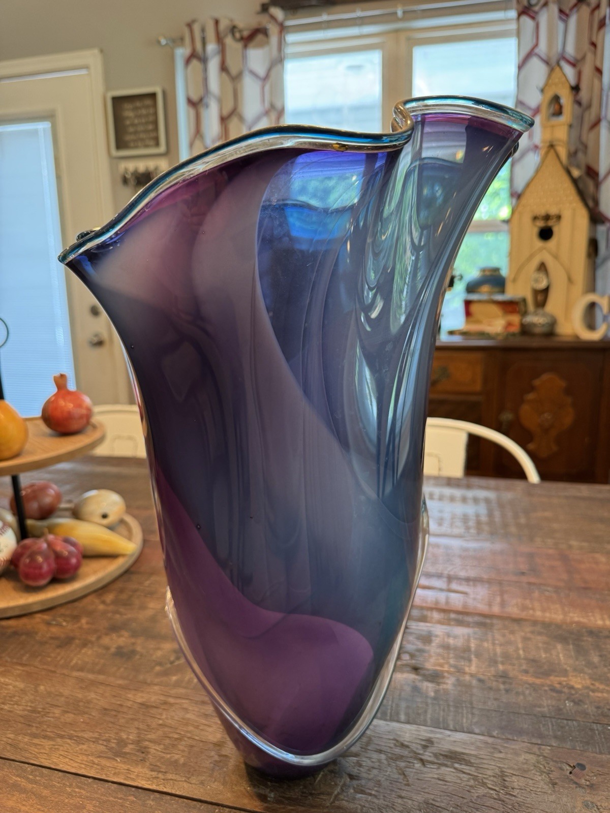Murano Style Hand Blown Art Glass Vase Signed Blue Purple Swirl Ruffled Rim