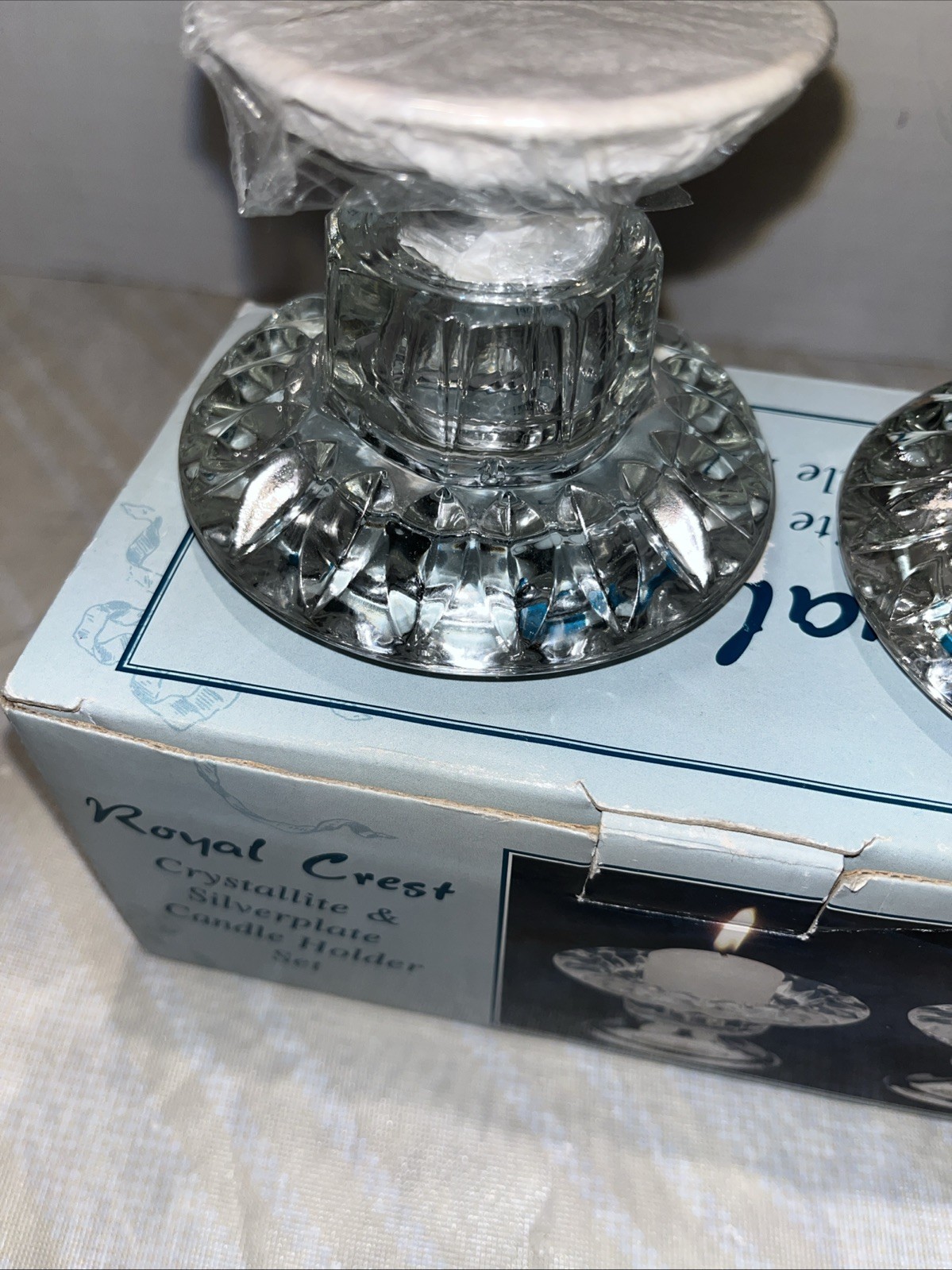 Royal Crest Crystal Candle Holders Pair Glass Silverplate Base Tealight VTG