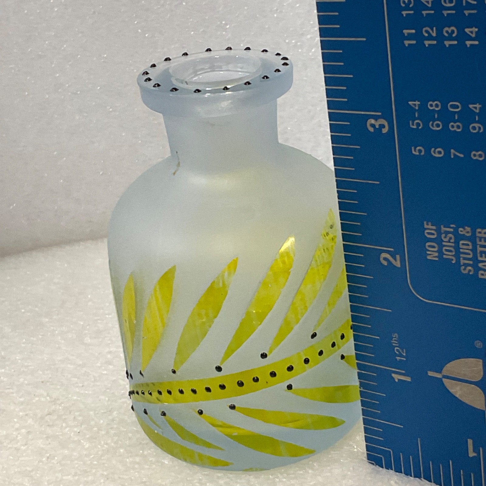 Hand Painted Frosted Glass Bottle Vase 2.5in Blue Yellow No Stopper