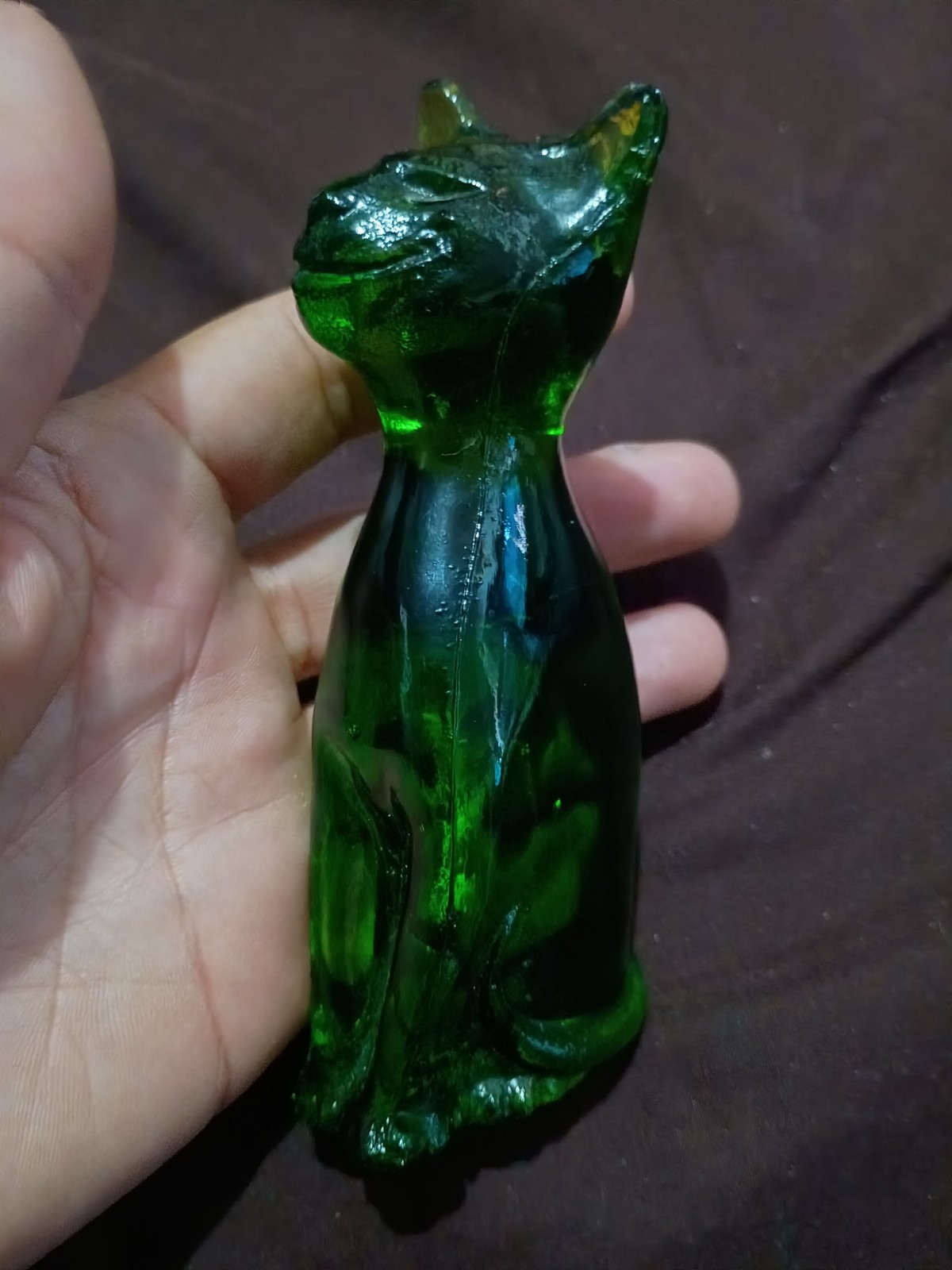 RARE Vintage URANIUM GLASS Avocado Green KANAWHA Glass 5” Smiling Cat