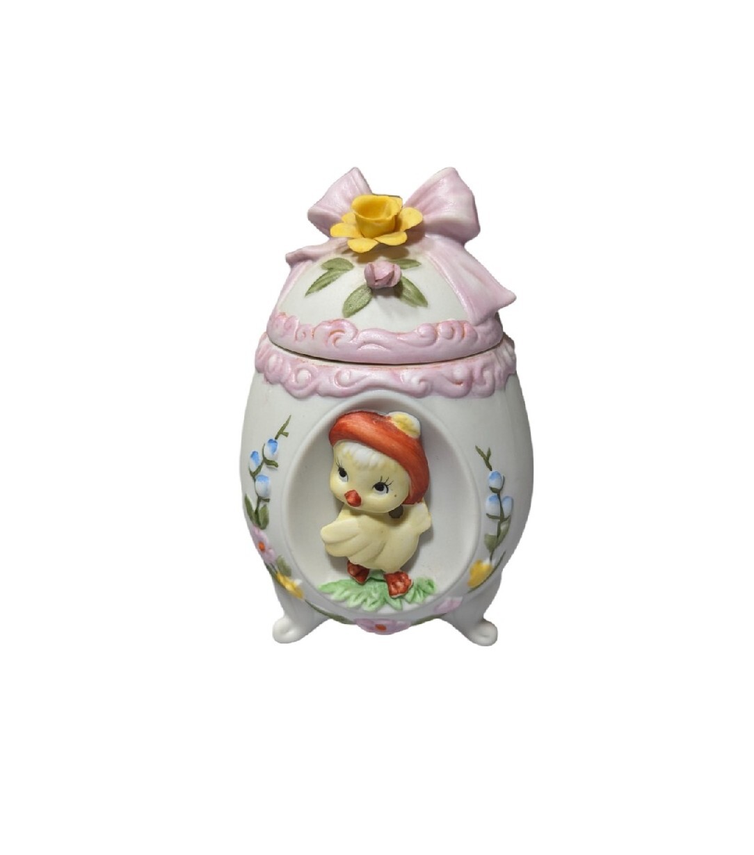 Vintage Lefton Bisque Easter Yellow Chick Footed Egg Shape Lidded Container
