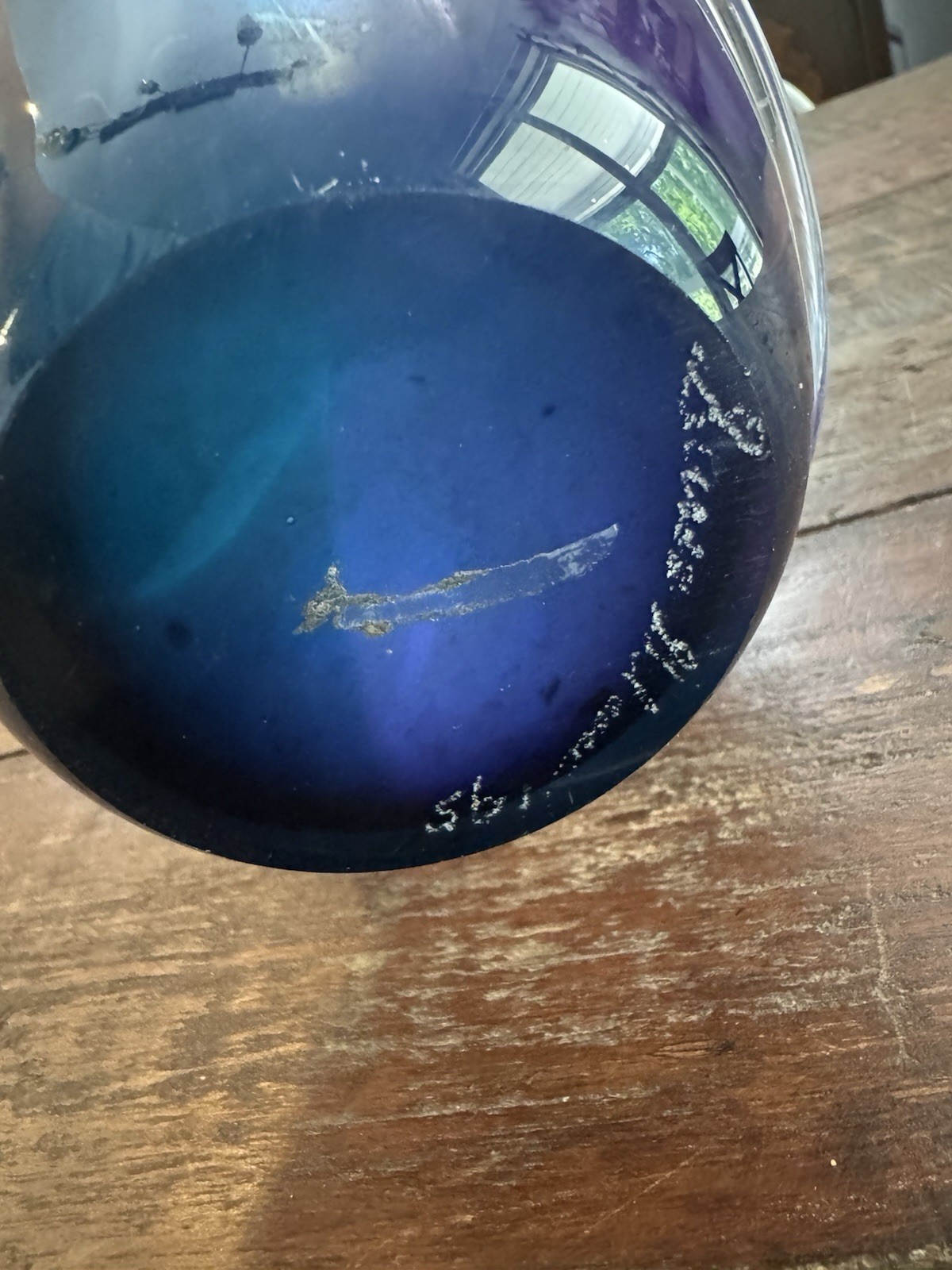 Murano Style Hand Blown Art Glass Vase Signed Blue Purple Swirl Ruffled Rim