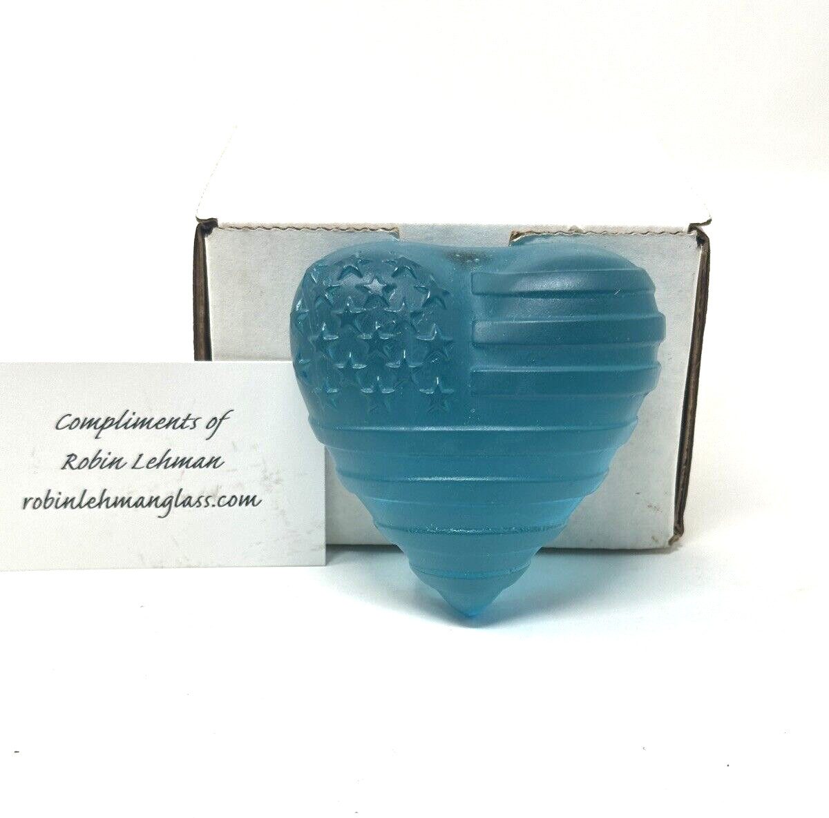 Robin Lehman Cast Art Glass Aqua Patriotic Heart Paperweight 3″ Stars & Stripes