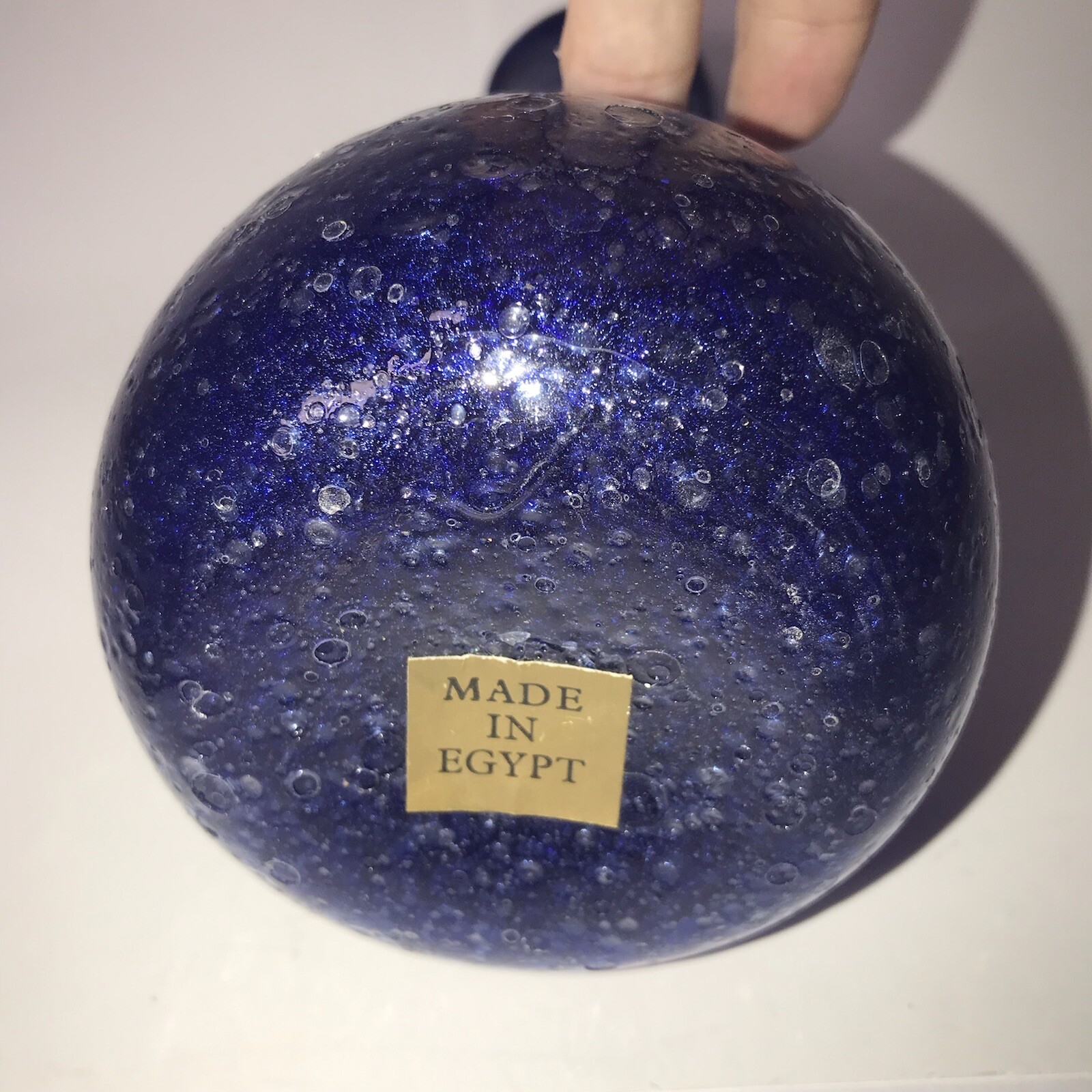 Cobalt Blue Hand Blown Mottled Glass Vase 8” Tall Applied Coil Made In Egypt