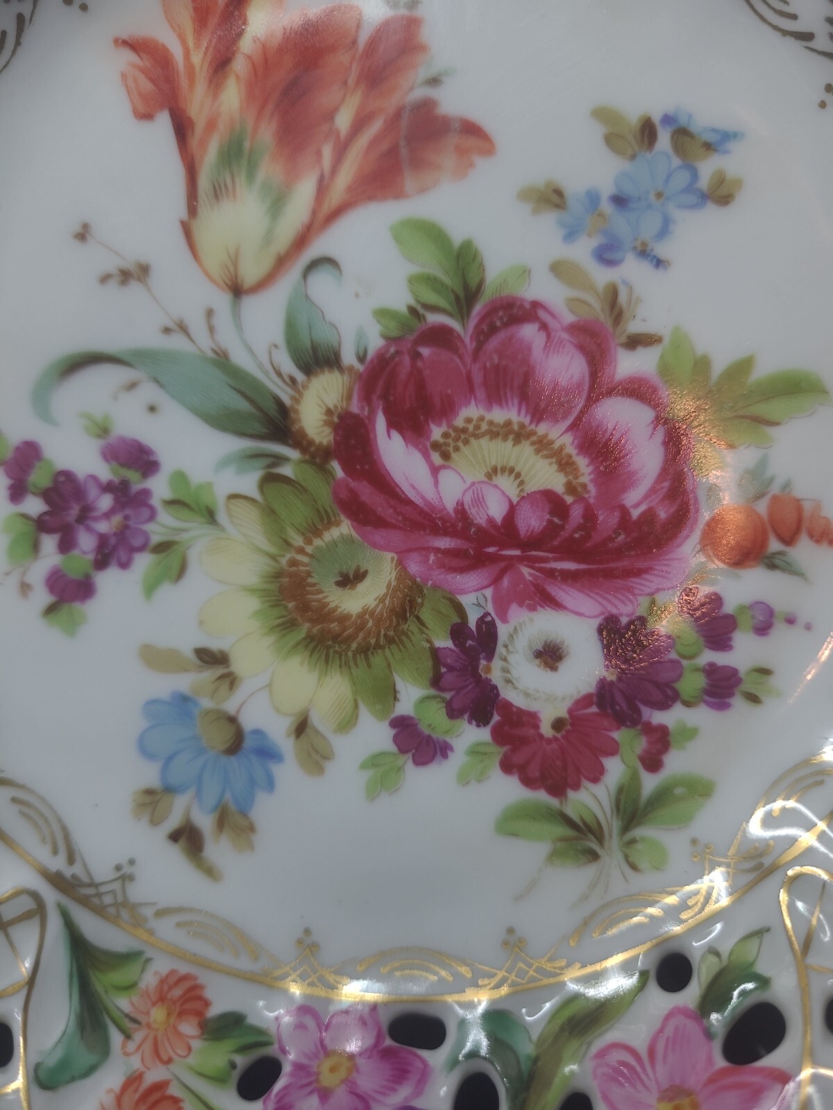 Rare E.S. Prussia Dresden Flowers Gilded Porcelain Bowl Plate Scalloped Openwork