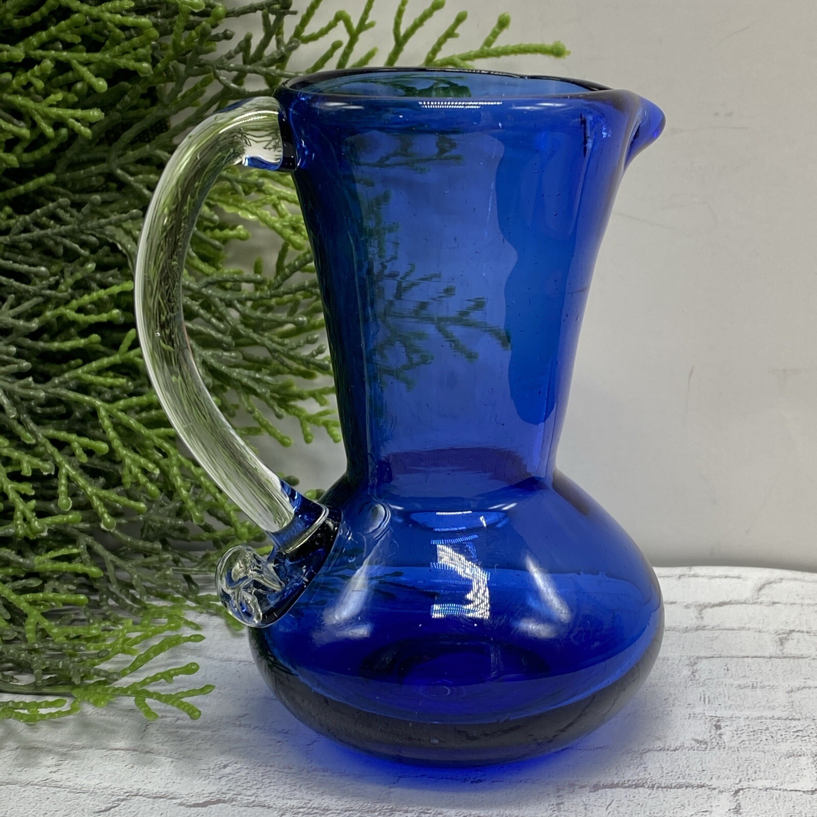 Vintage Cobalt Blue Glass Jug Bud Vase Hand Blown Applied Clear Handle~ 4 1/2 In