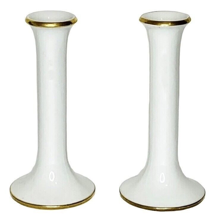 Set of 2 Dansk International Designs Bangladesh TJORN GOLD White Candlesticks x