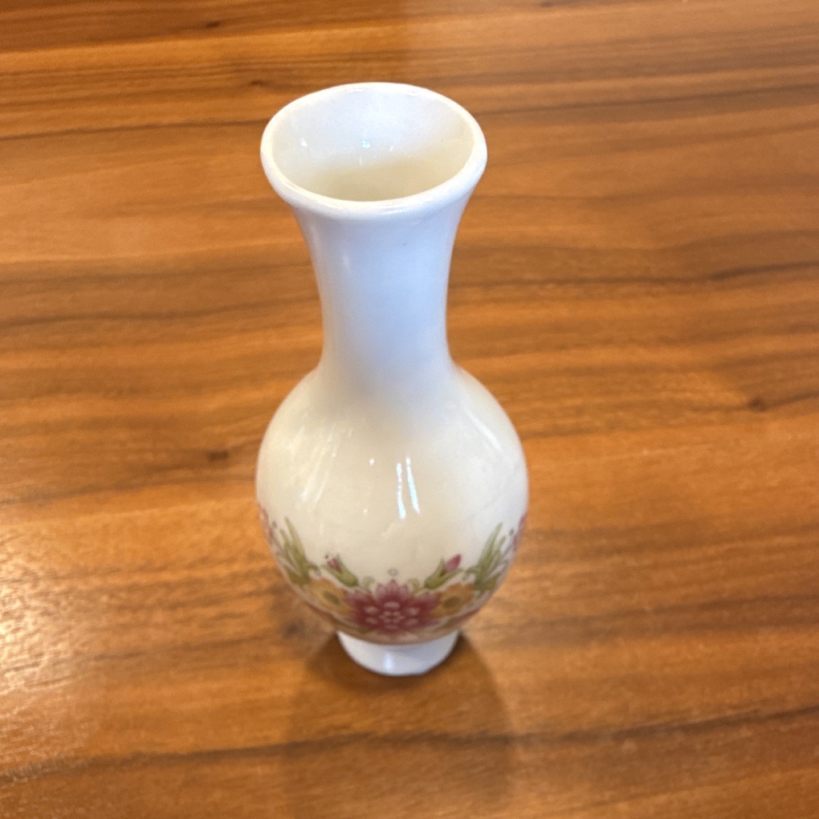 White Ceramic Vase with Pink and Yellow Floral Design, Glossy Pottery Finish