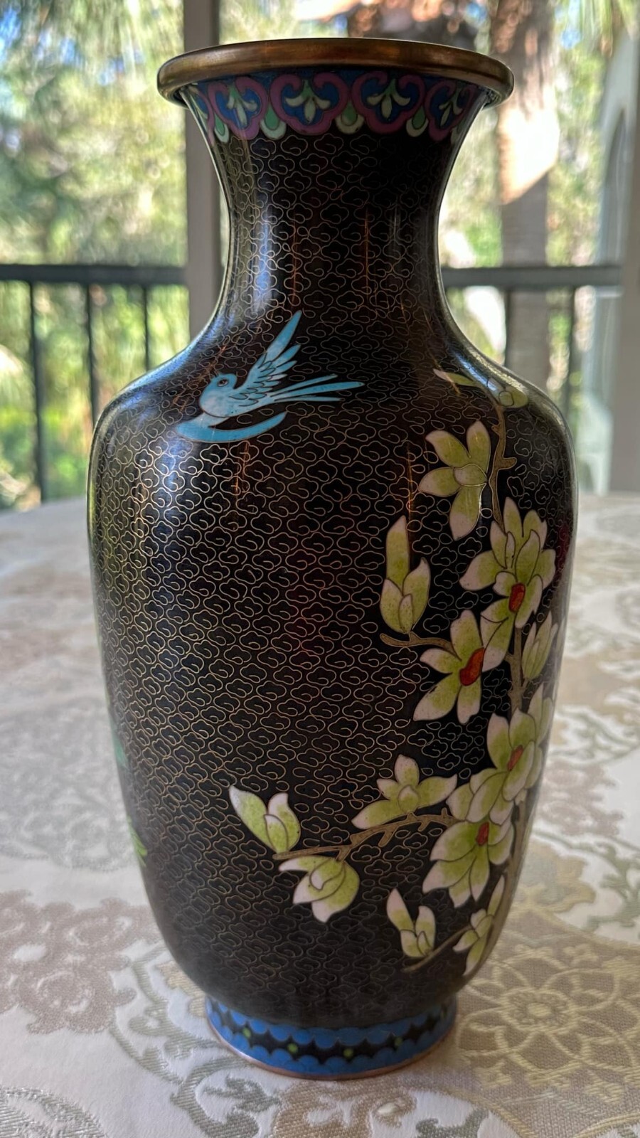 Vintage Chinese Cloisonné Style Vase Black Enamel Peony Birds Floral 12”