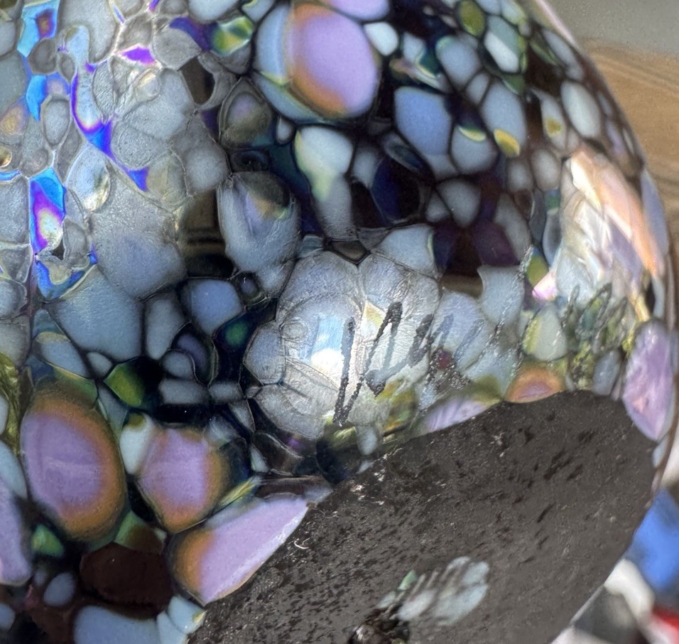 ELAINE HYDE 1993 Art Glass VASE 7.25” Blue Black Pink Iridescent Design Signed