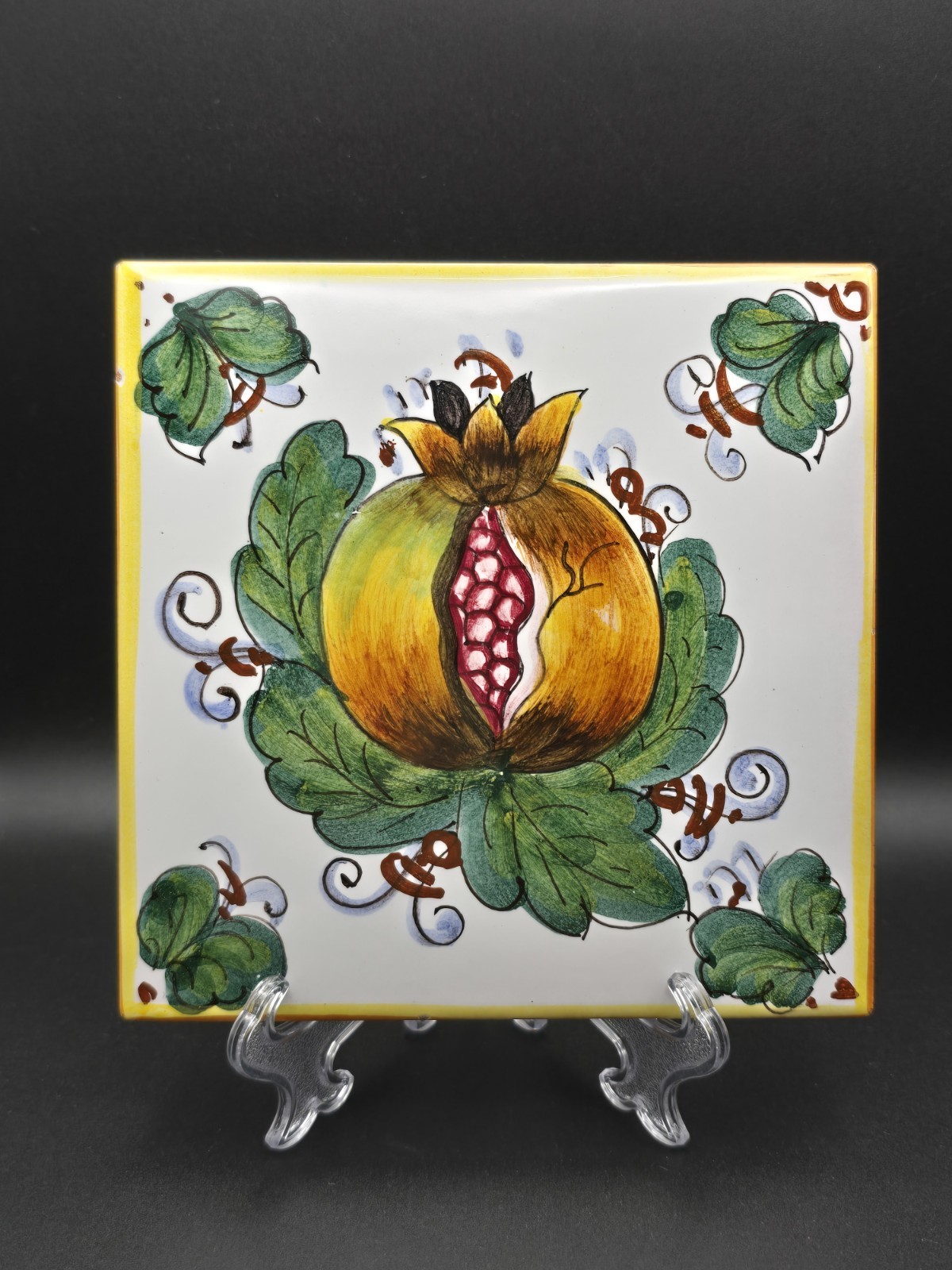 Rare Vintage 6”x 6” Piana Bicottura Tradizionale Pomegranate Tile Trivet Italy