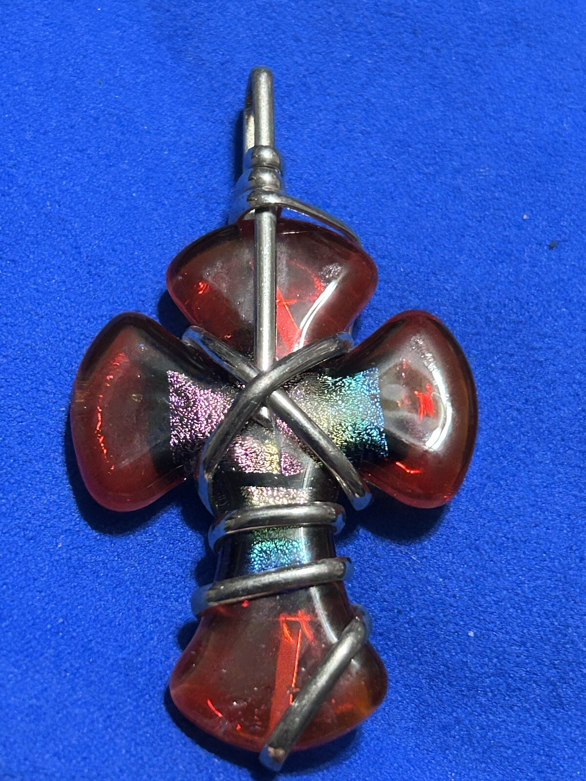 Gorgeous Hand Blown Dichroic Glass Cross Pendant Red Rainbow Wire Wrap Bail
