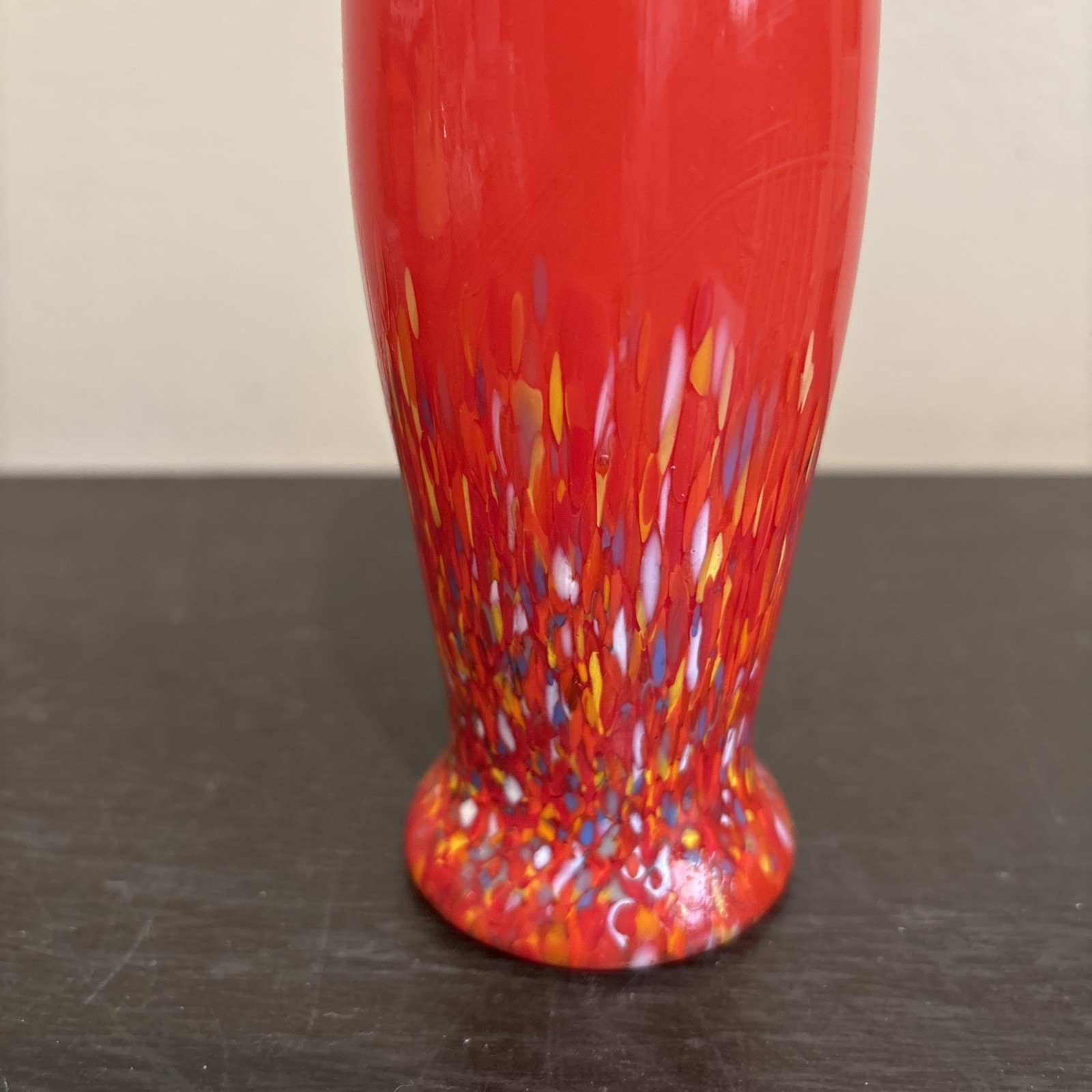 VTG Czech Multicolor Red/Orange White Art Deco Spatter Glass Vase 1930’s 6.5”