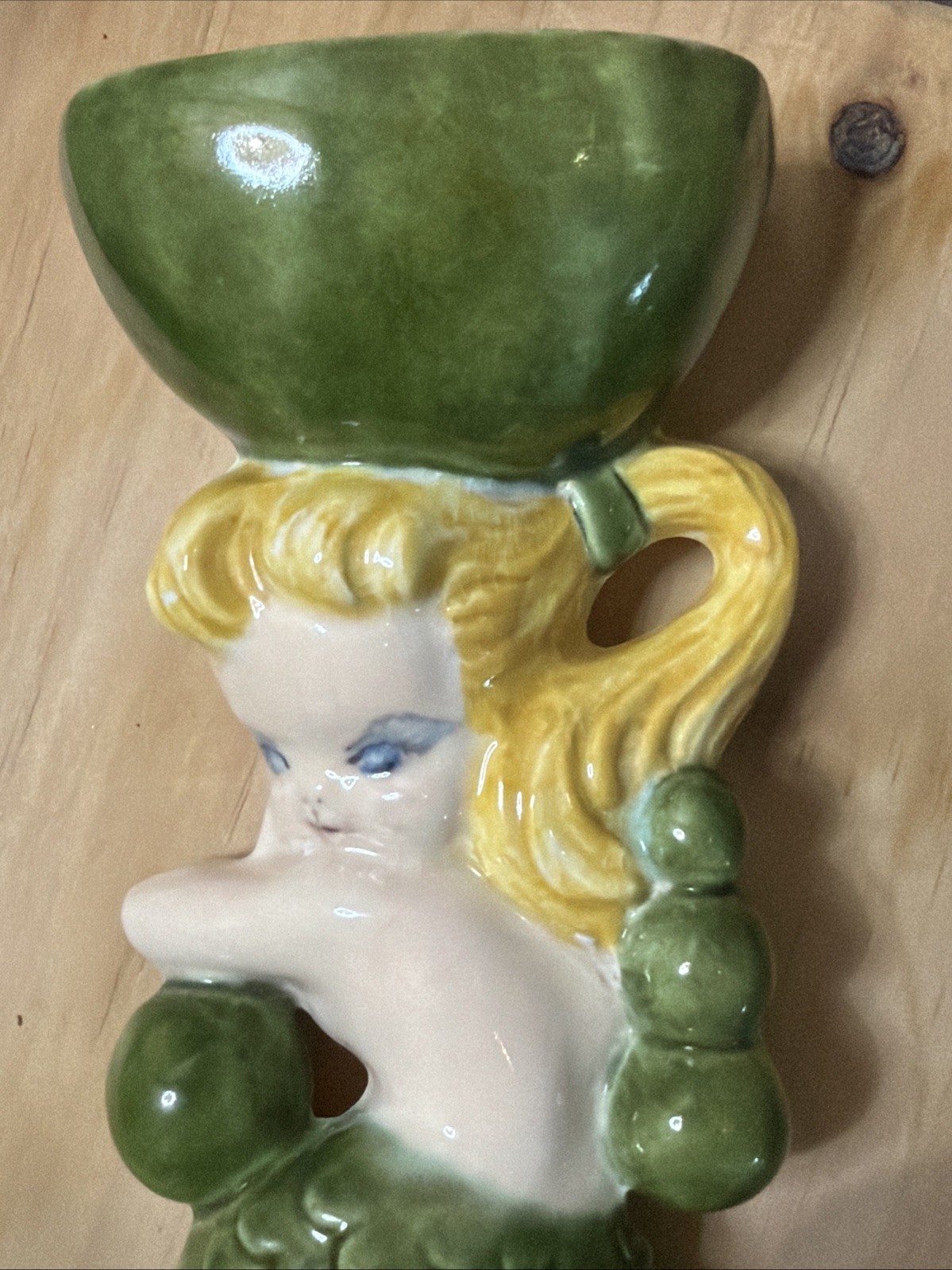 Vintage Goode Mold Ceramic Mermaid Wall Pocket 1950’s Kitchy Blond Hair Green