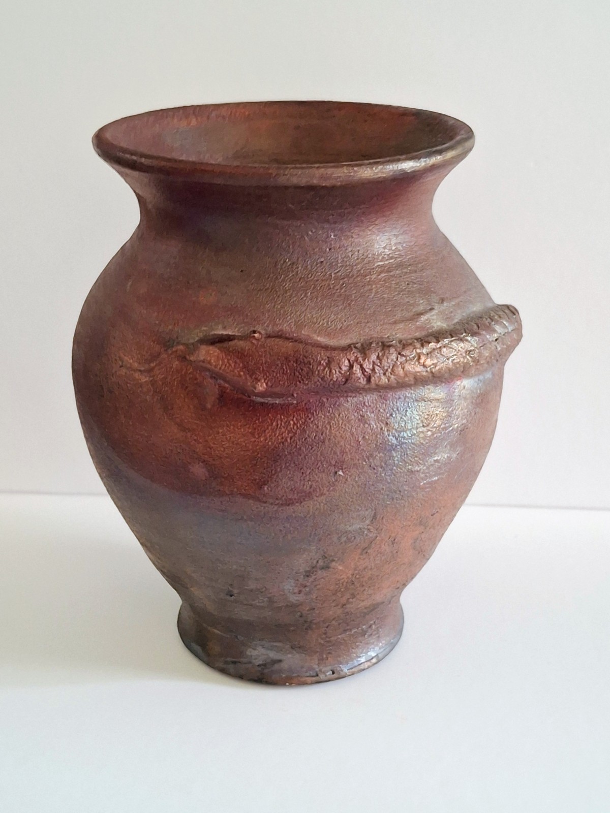 Studio Art Pottery Raku Metallic Glaze Ceramic Snake Wrapped Vase Signed 6.5″