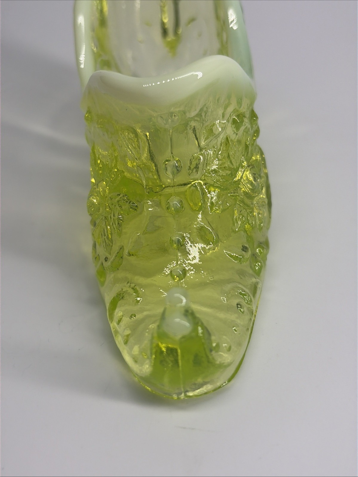 Mosser Opalescent Vaseline Uranium Rose Slipper Shoe Figurine 6″ UV Glow Vintage