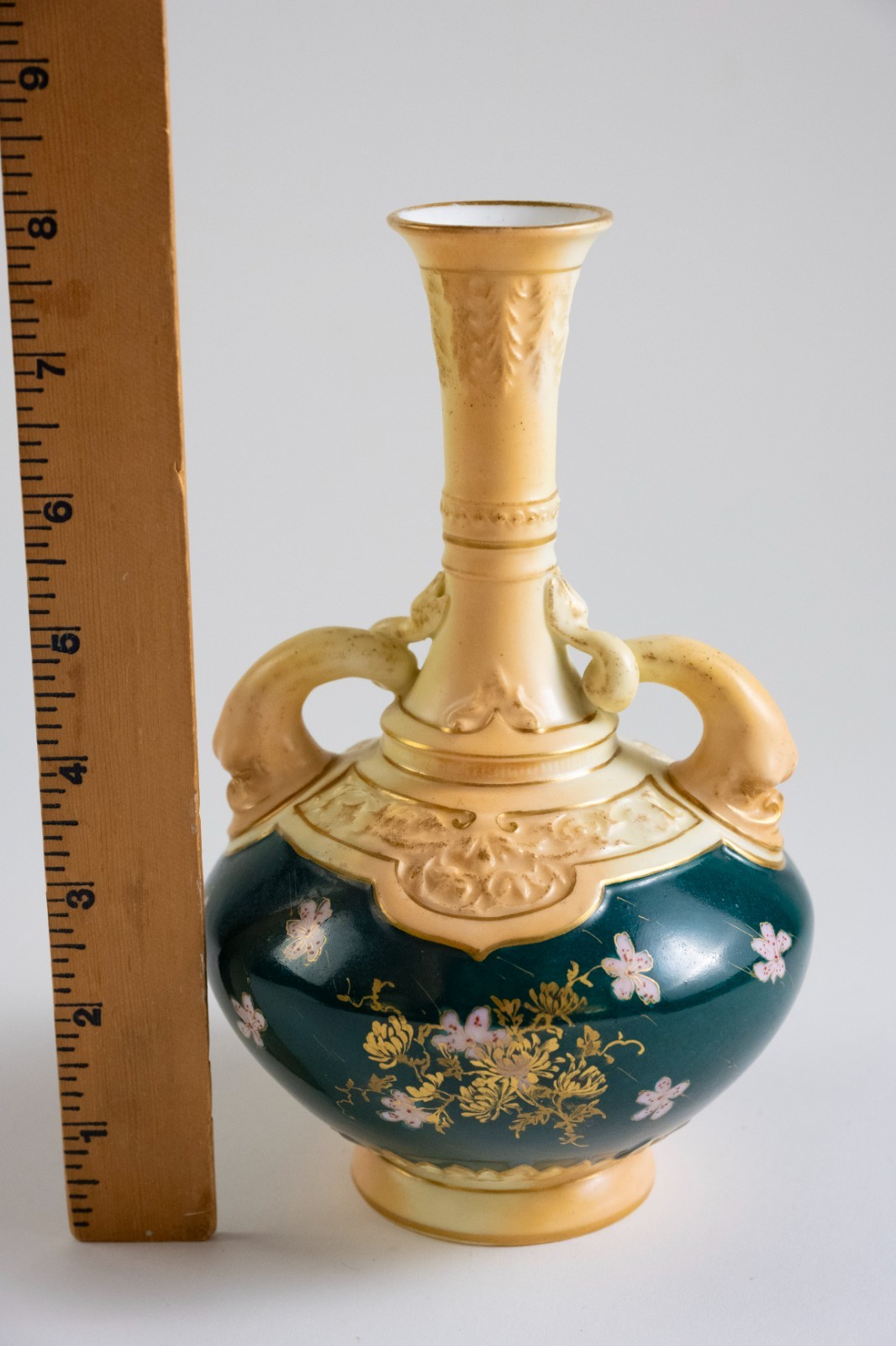 Vintage Rudolstadt German Ceramic Vase 5752; 1887-1918 Ivory Blush, Emerald Gold