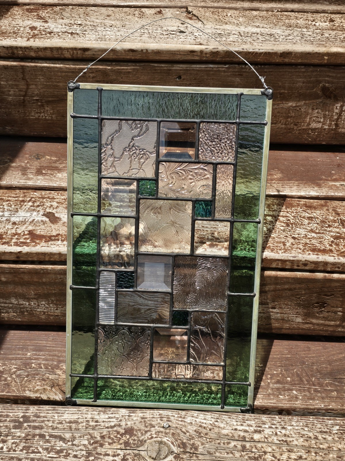 Handmade Stained Glass Panel Sun Catcher Hanging Green Clear Vintage Rectangle