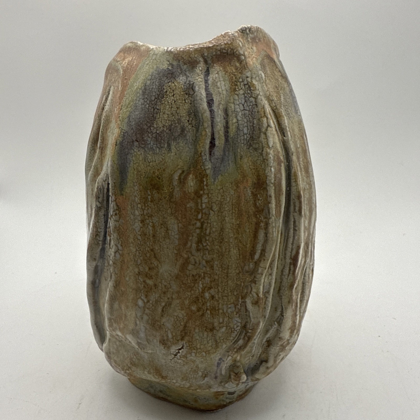 Vtg Studio Art Pottery Vase Glazed Earthy Tones Textured Artist Stamp 8.25”Hx4.5