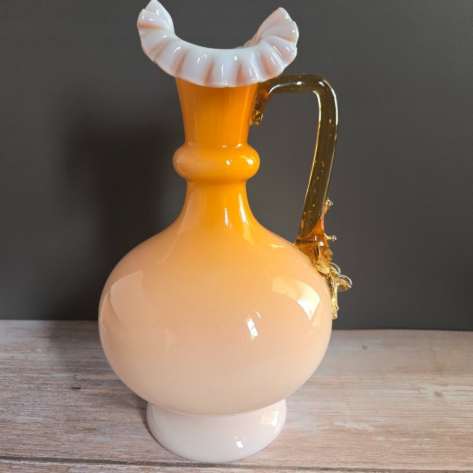 Vintage Art Glass Ewer Peach Amber Glass Ruffled Rim Applied Handle Pitcher