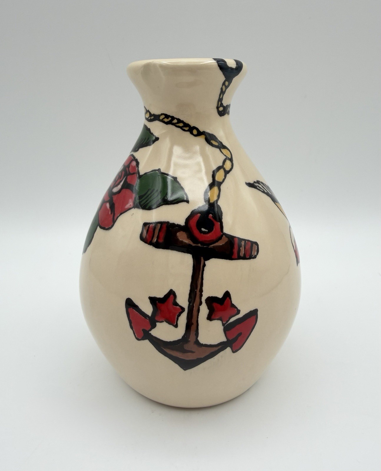 Hand Painted Ceramic Vase 5.5” Nautical Sailor Tattoo Inspired Signed Emily