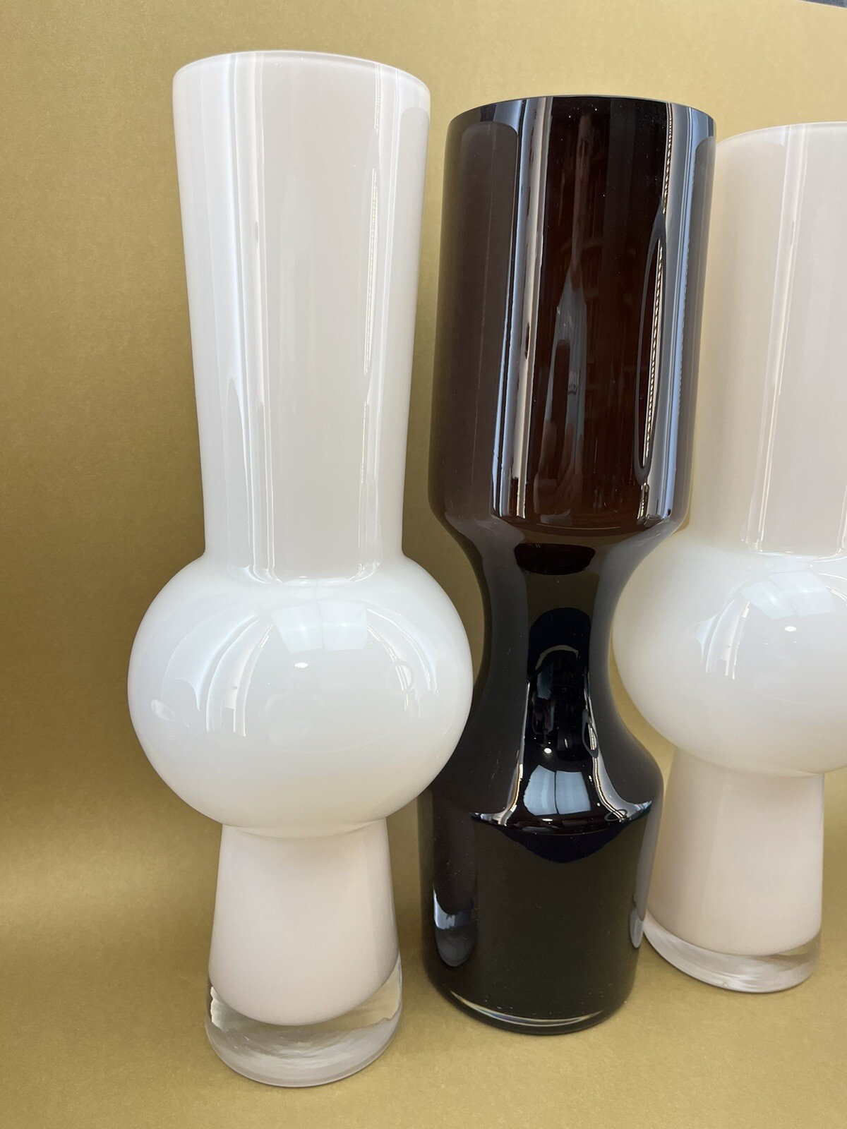 ONE White Modernist 14” Cased Glass Vase Danish Modern Scandinavian Style Hooped