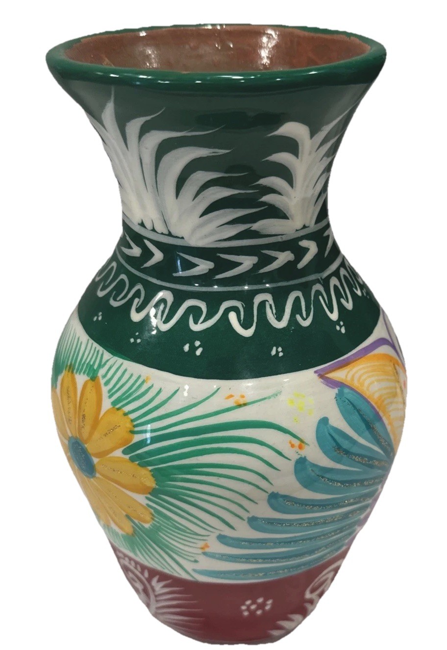 VTG Mexican Folk At Talavera Painted Pottery Vase Colorful Birds Glitter 7 1/2”