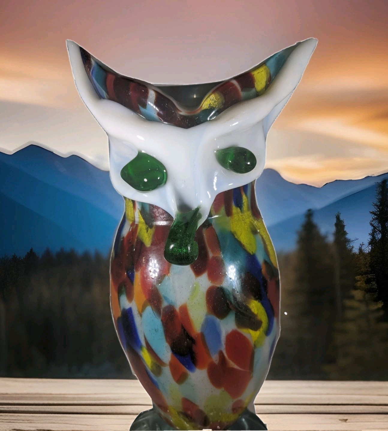 MURANO ART GLASS LARGE 11.5″ BIRD OWL VASE HAND BLOWN CONFETTI COLORFUL PRIMROSE