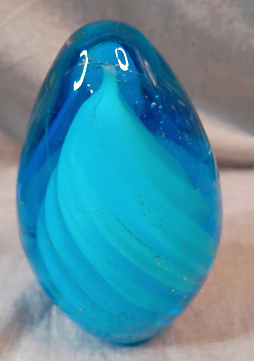 Murano Baby Blue, White, and Gold Swirl Glass Egg Paperweight Heavy Italy