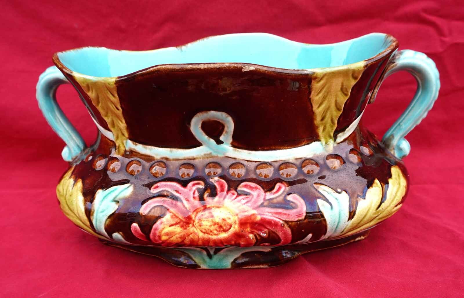 Sarreguemines French Majolica Jardiniere Flower Pot Dahlia Early 20th C