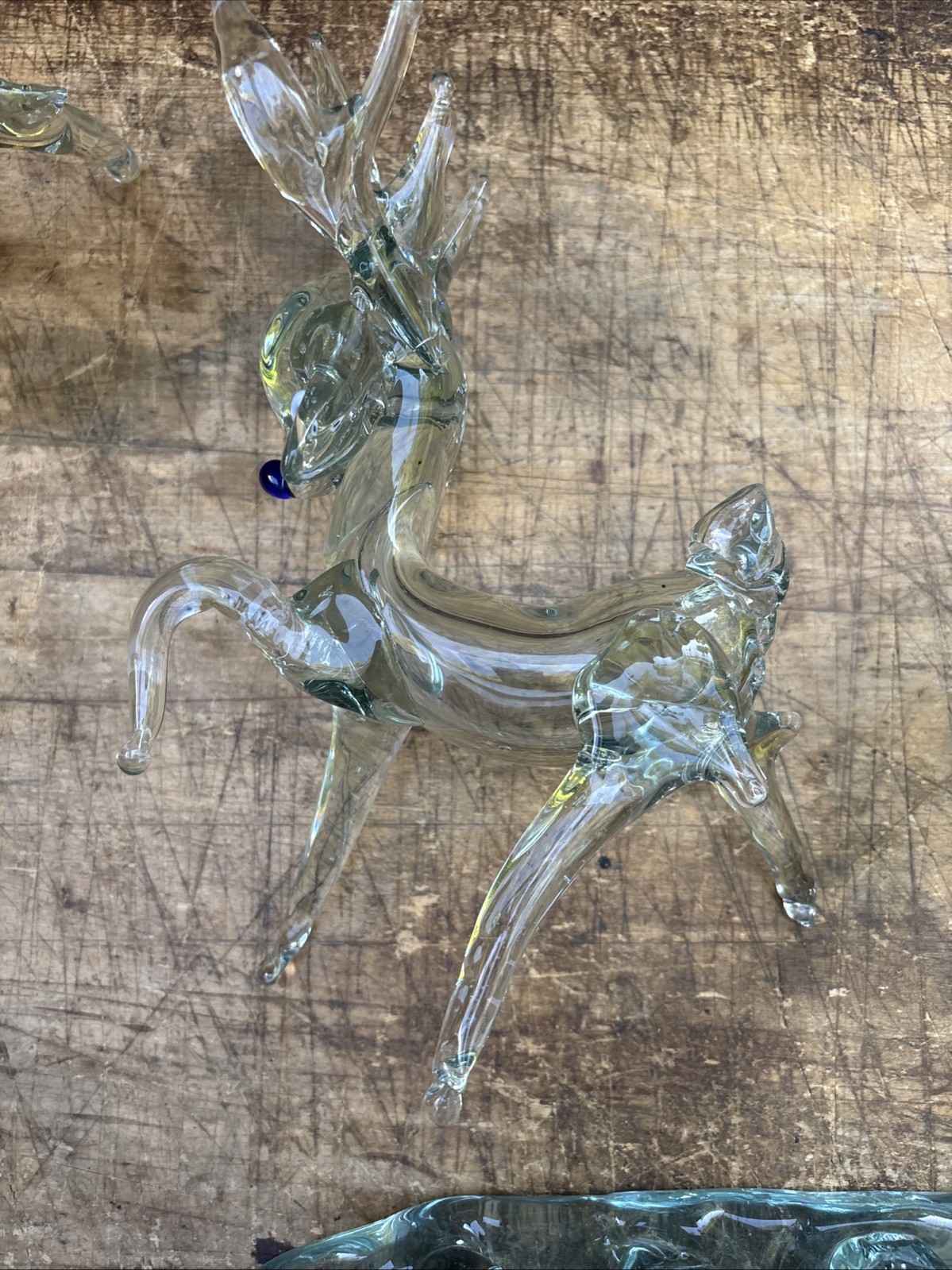 RARE Vintage Hand Blown Glass Sleigh And Reindeer Blue Nose. Read Description