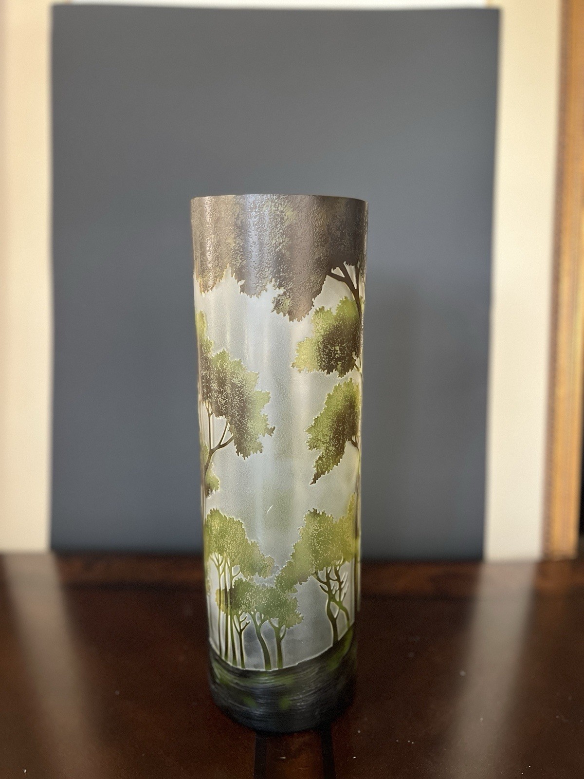 Vintage Mid-20th C Cameo Glass Vase Forest Landscape Gallé Style Large 15”
