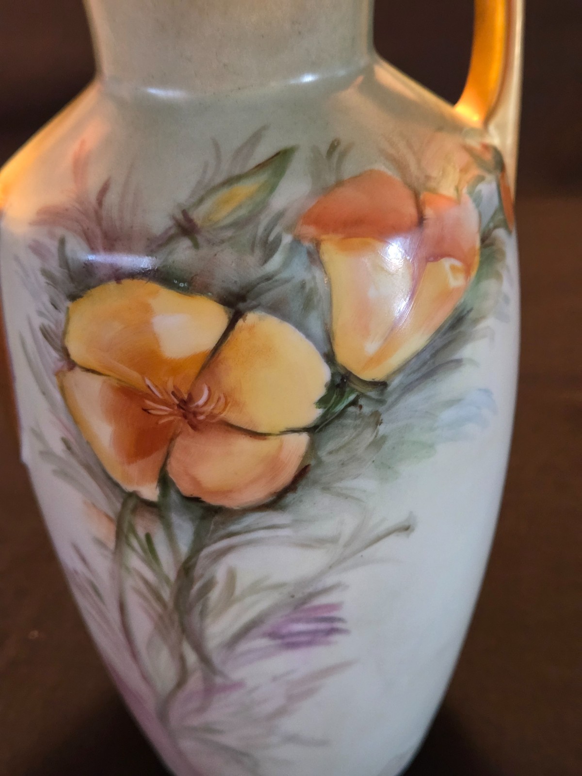 ANTIQUE MZ AUSTRIA, SAMISH’S SAN FRANCISCO, HAND PAINTED PORCELAIN HANDLED VASE