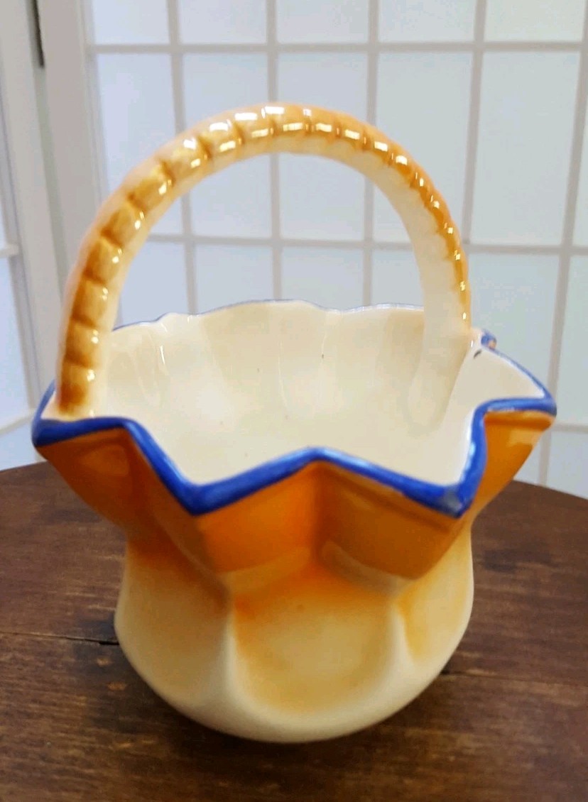 Vintage Czechoslovakian Ceramic Basket Iridescent Orange 5inch Blue Rim *Crack*