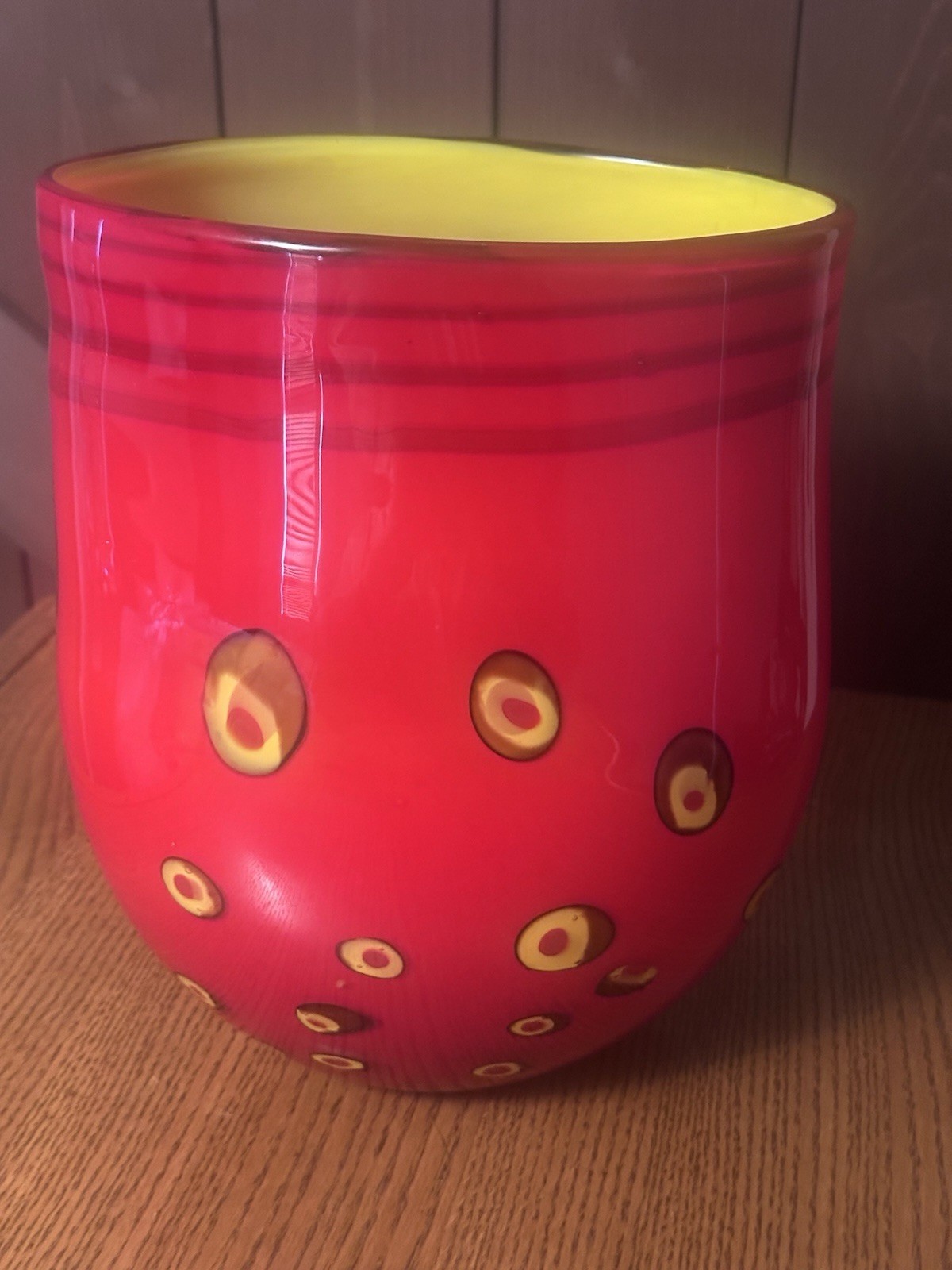 Red Murano Vase With Black And Yellow Spot Design And Yellow Interior