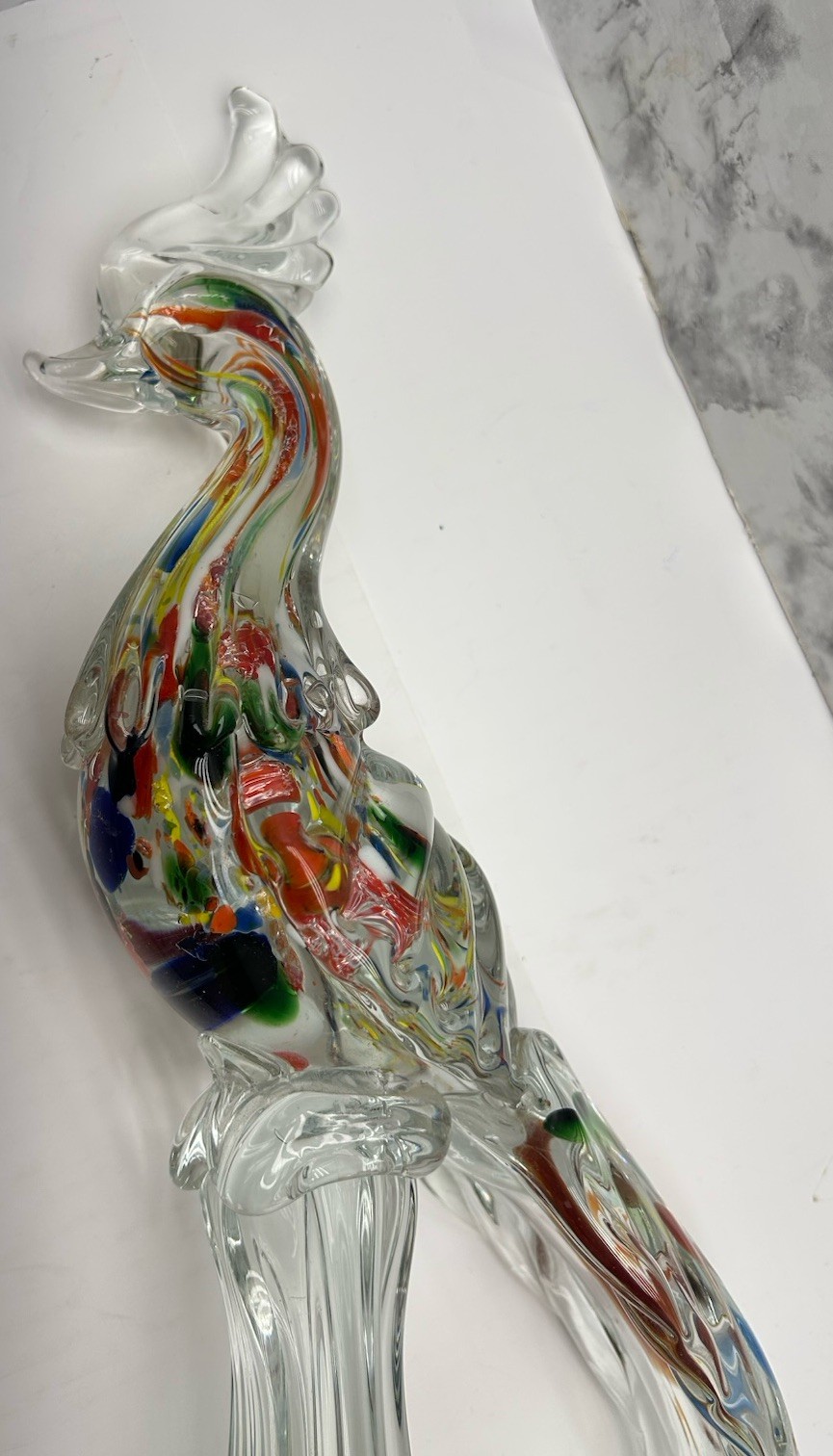 Mid Century Murano Style Art Glass Pheasant/Bird Figurine 15” Multi Colored