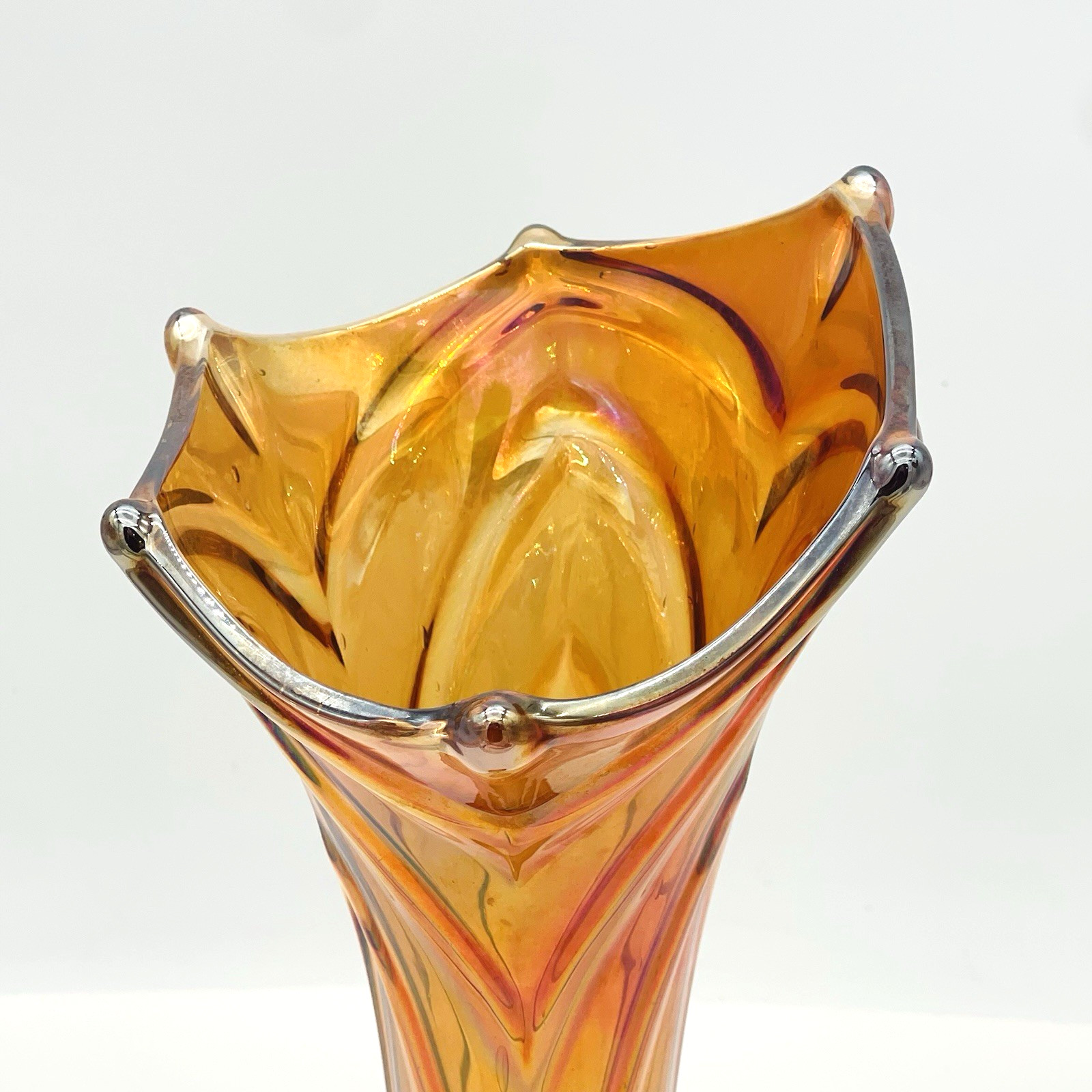 Vintage Imperial Glass Gothic Arches Marigold Orange Swung Vase 14.5″ RARE