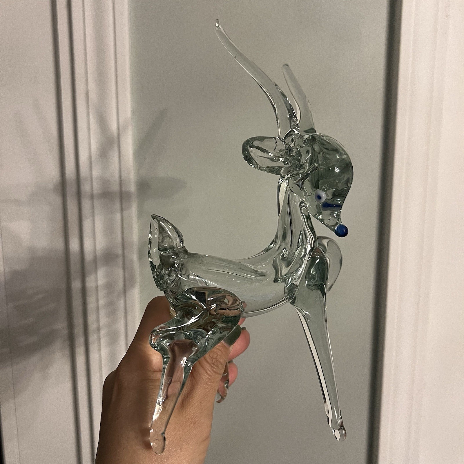 Vintage Hand Blown Glass Reindeer With Blue Nose And Eyes Unique Art Glass