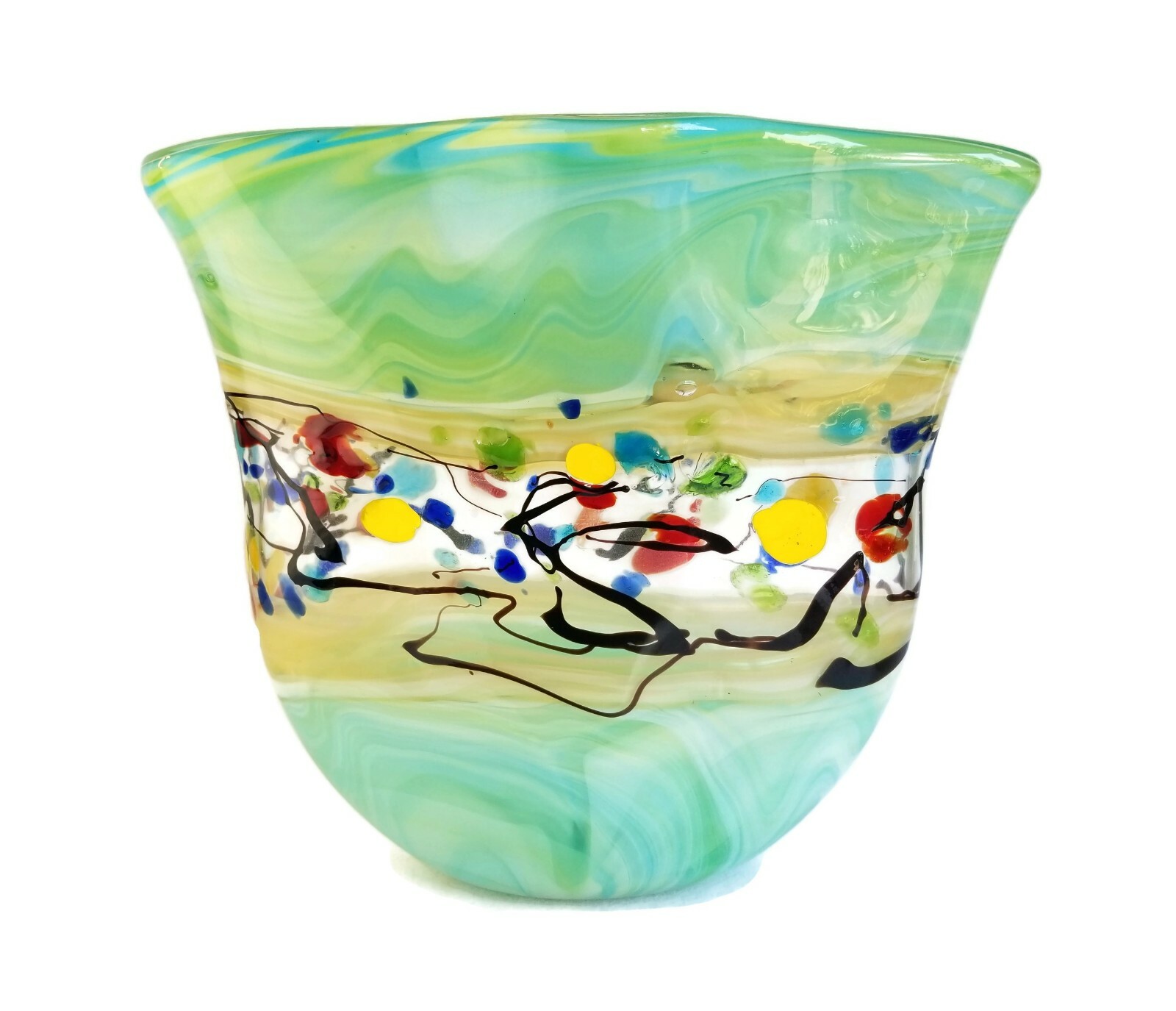 Viz Hand Blown Studio Art Confetti Fantasy Field Vase Turquoise Huge 16″