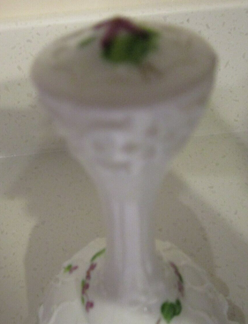 FENTON VIOLETS IN SNOW SPANISH LACE MILK GLASS BELL SIGNED