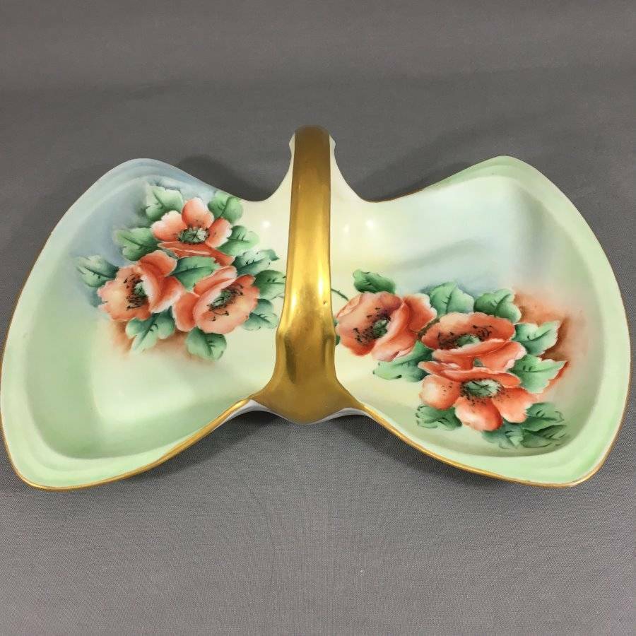 Vtg Handled Poppies Floral Basket Bon Bon Tray Candy Dish Hand Painted Signed