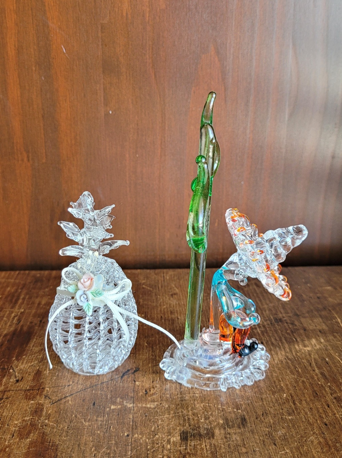 Vintage Hand Blown Art Glass Figurines Set Lampwork Figure With Basket Decor