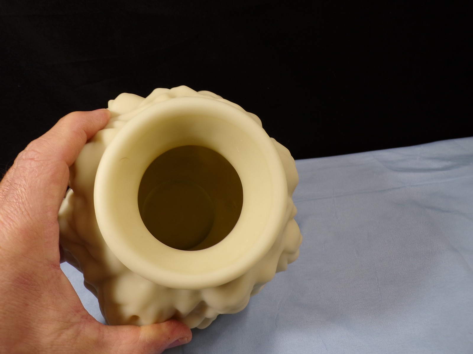 Imperial Ivory Glass Vase w/ Embossed Roses Design