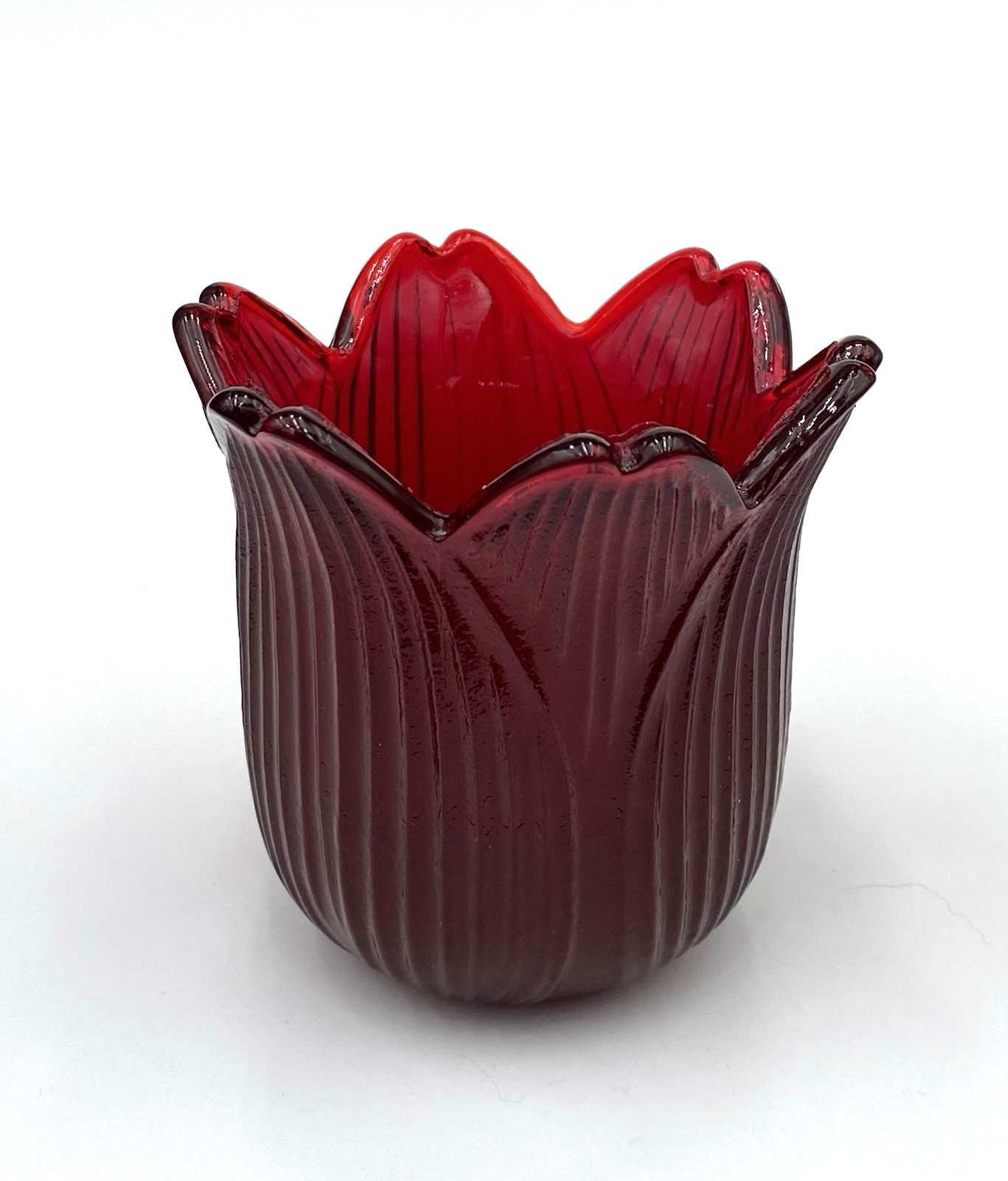 Vintage Ruby Red Tulip Leaf Votive Candle Holder, Notched Tips, Made in Japan